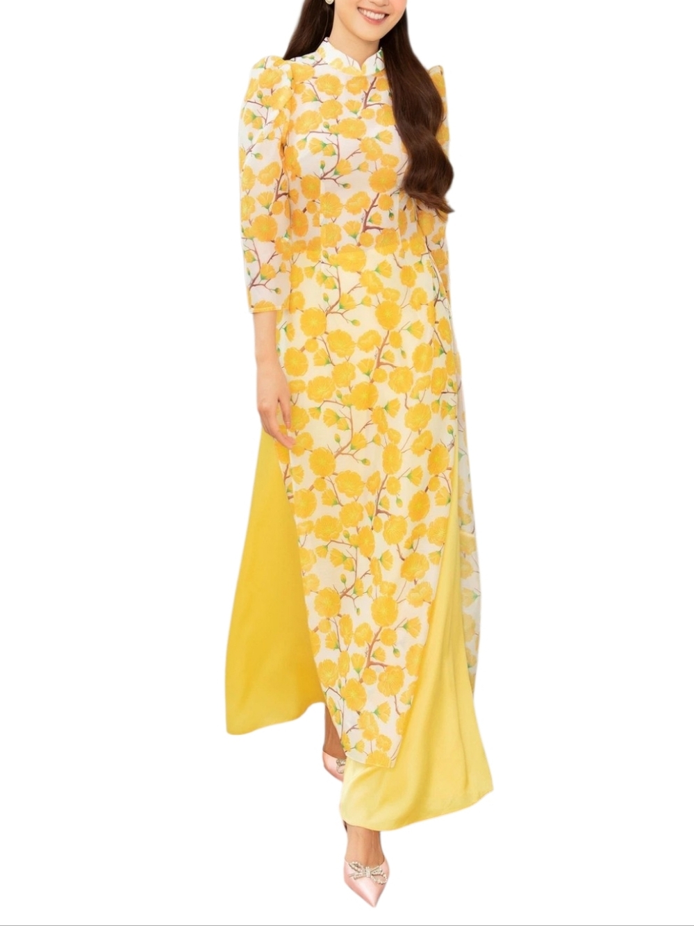 SIXDO Floral Puffed Sleeve Áo Dài Top Yellow Vietnamese Tunic Blouse